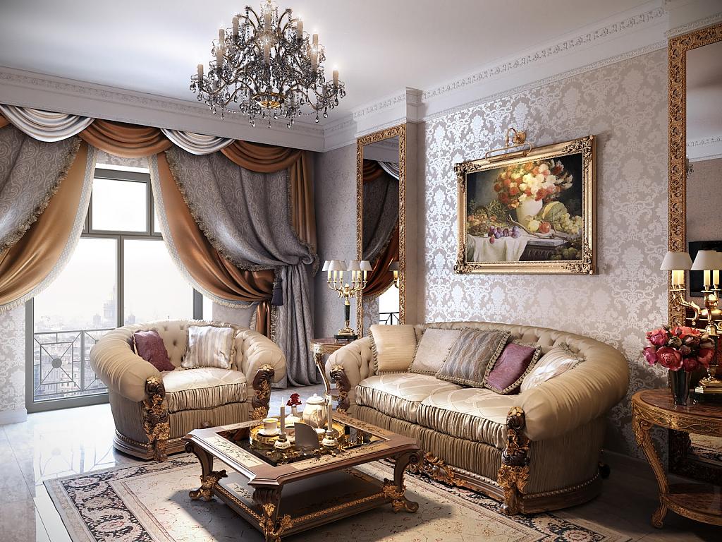 Meubles confortables rembourrés dans le salon de style classique