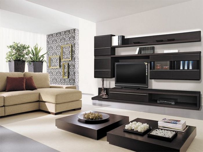 Meubles d'armoires modernes sombres dans le salon