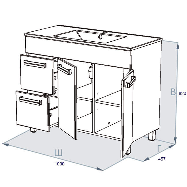 Schéma d'une armoire de cuisine avec tiroirs sous l'évier pour une cuisine directe
