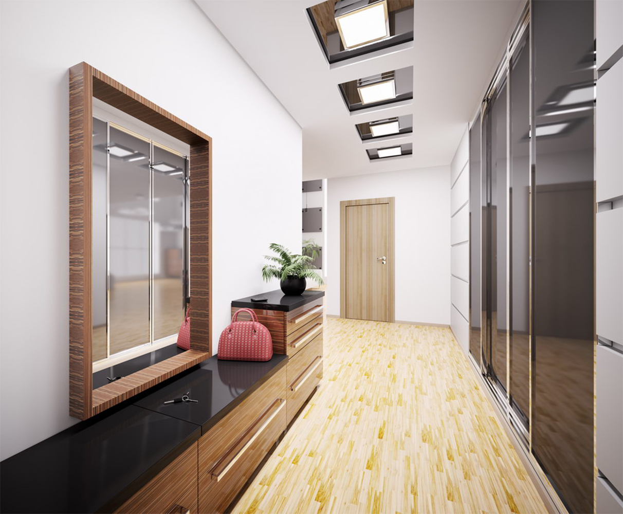 Le mobilier du couloir est sombre
