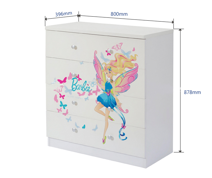 Les tailles d'une commode pour enfants de couleur blanche avec l'image de Barbie
