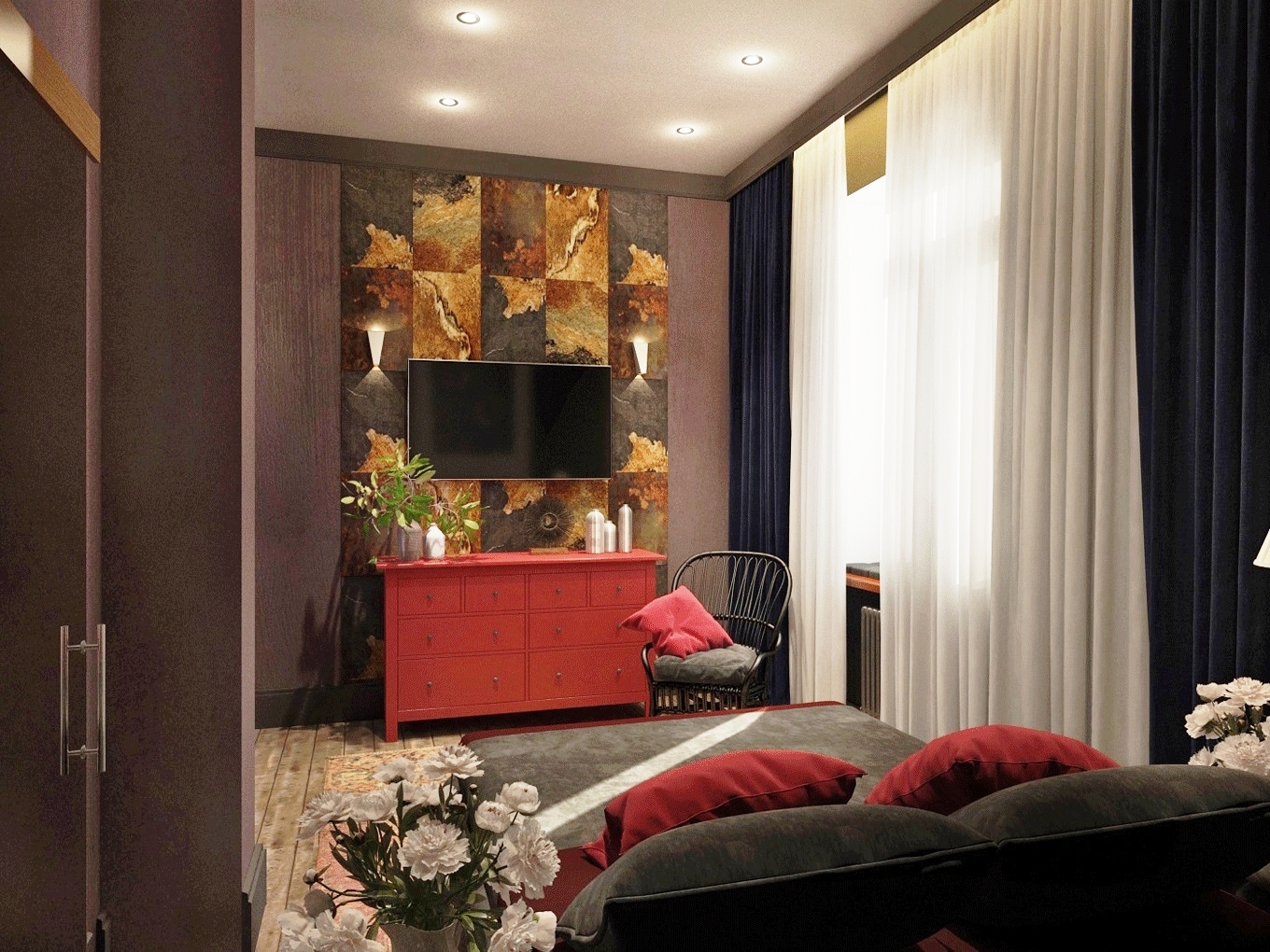 TV dans une petite chambre avec une commode rouge