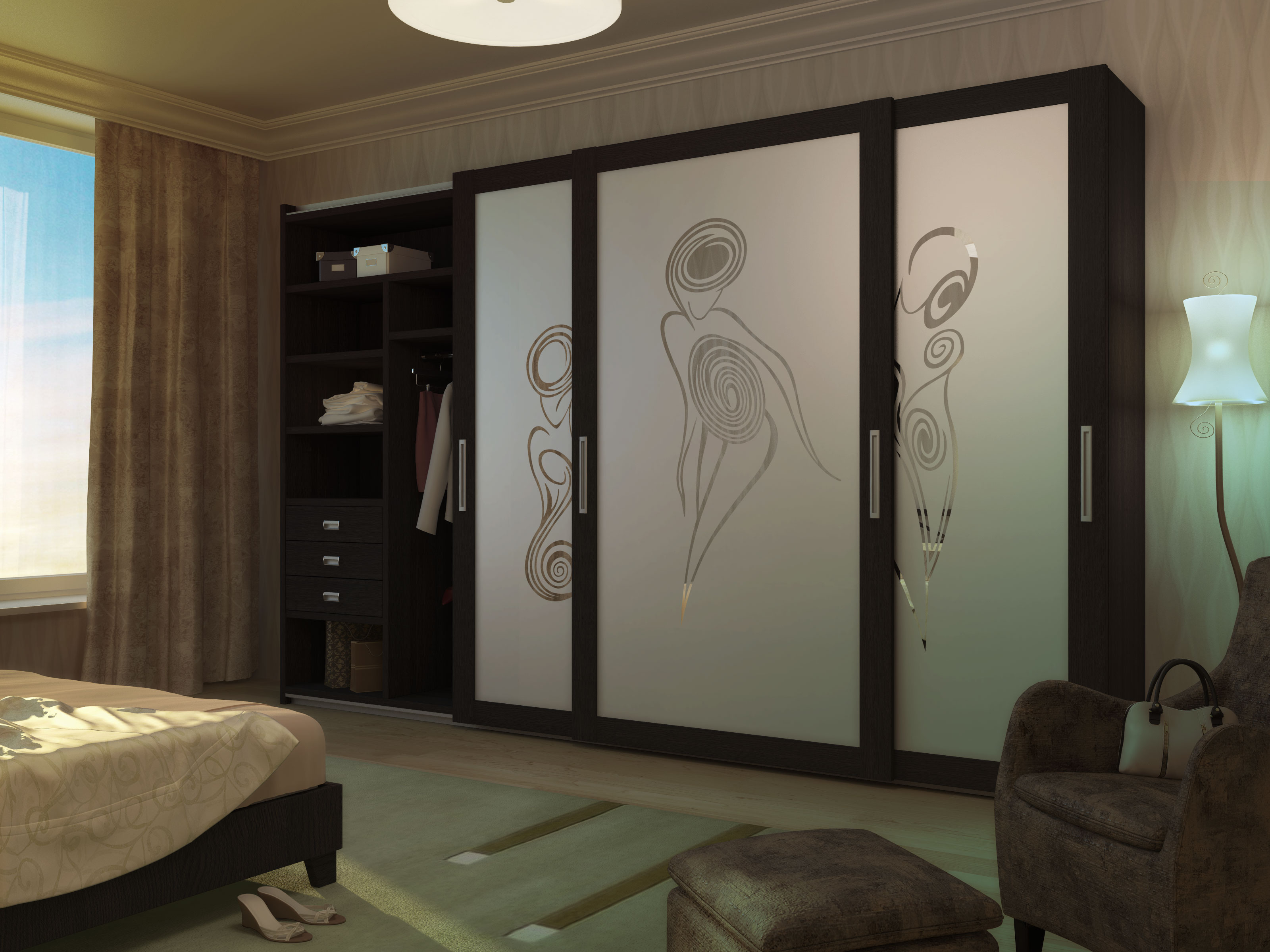 Armoires à trois portes avec dessins dans la chambre