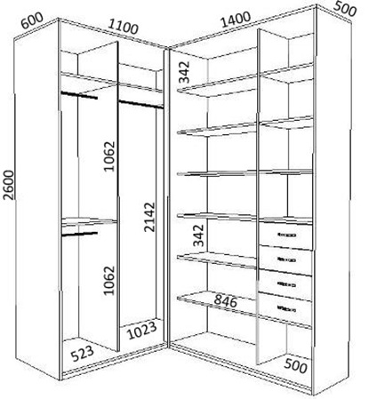 Schémas de l'armoire en forme de G