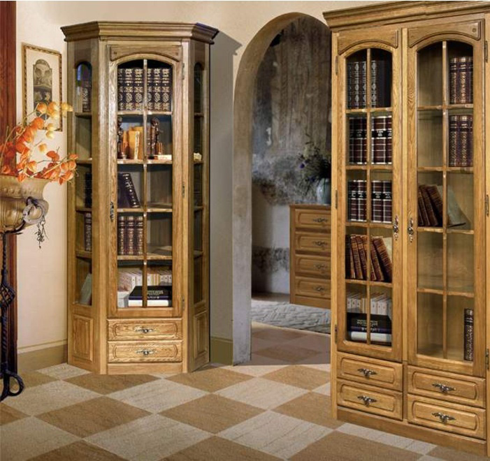 Armoire d'angle avec porte droite et étagères en verre