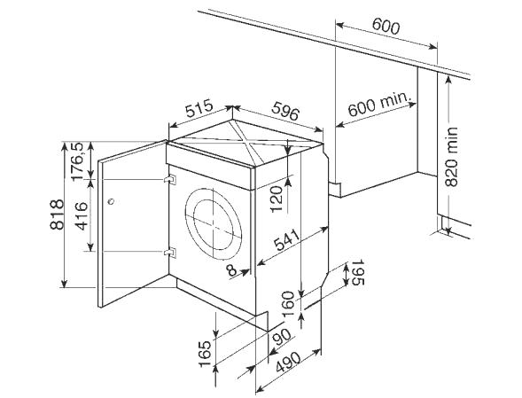 Diagramme des dimensions pour l'installation du lave-linge dans l'armoire