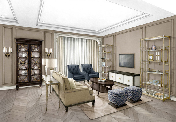 Salon aux couleurs pastel chaudes.