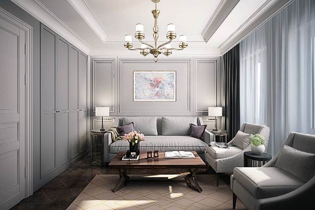 Intérieur néoclassique avec mobilier gris