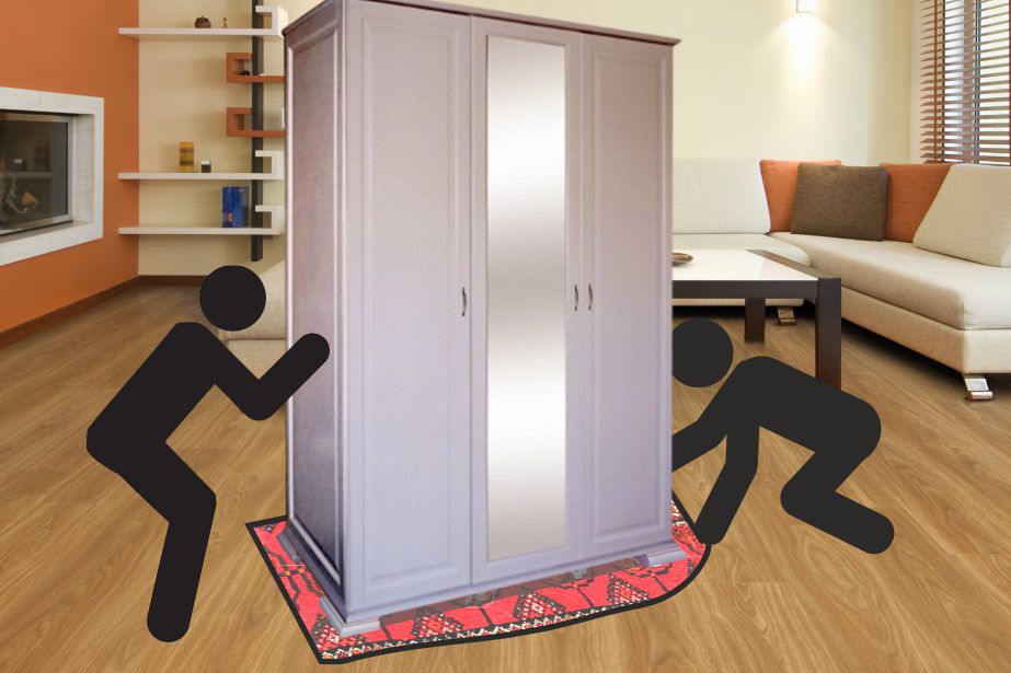 Utilisation d'un tapis en laine pour déplacer l'armoire
