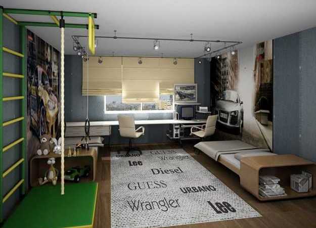 Chambre pour un enfant avec un mur de sport