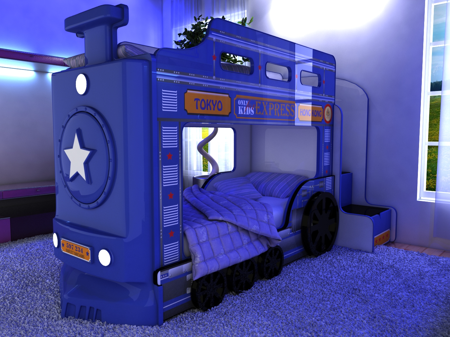 Mobilier bleu en forme de train
