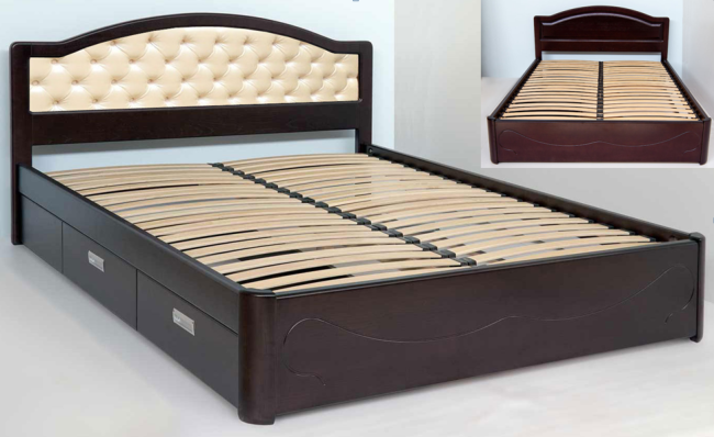 Lit double avec tiroirs en bois