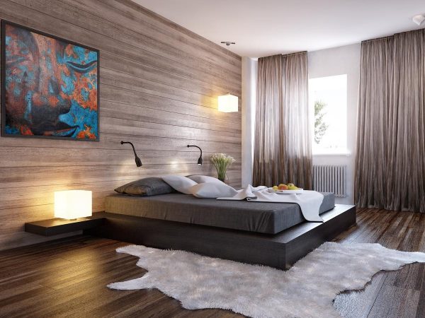 Podium de lit dans la chambre dans le style du minimalisme.
