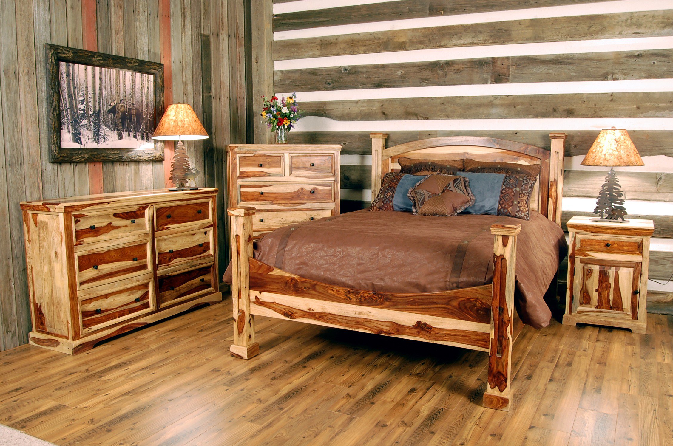 Meubles en bois rond dans une chambre rustique