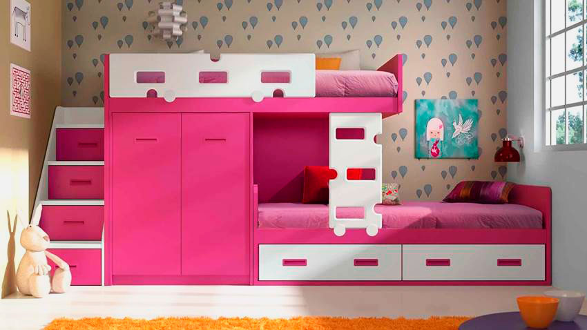 Mur d'enfants pour filles avec lit superposé intégré