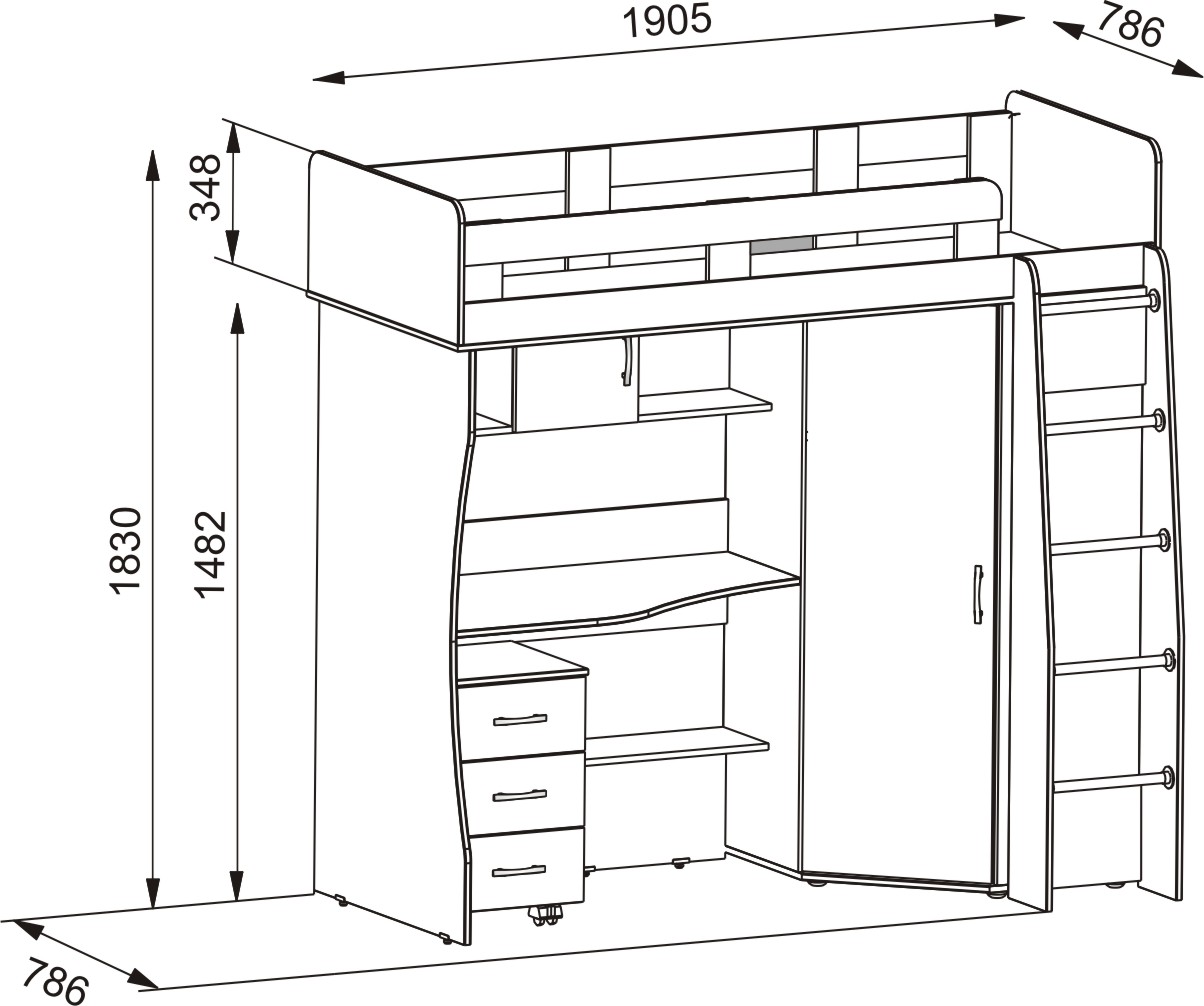 Lit mezzanine avec dessin de la zone de travail