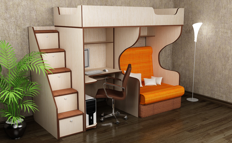 Lit mezzanine avec espace de travail et chaise pliante