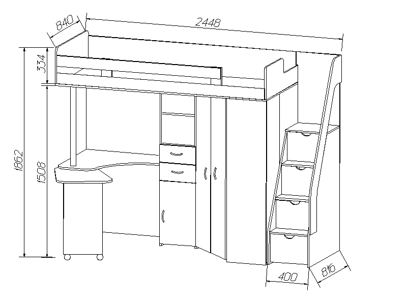Schéma d'un lit mezzanine avec commode
