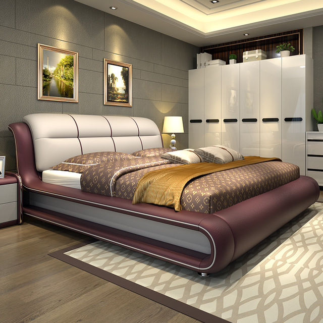 Lit de mobilier de chambre moderne en cuir véritable