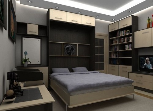 Lit armoire encastré dans une petite chambre