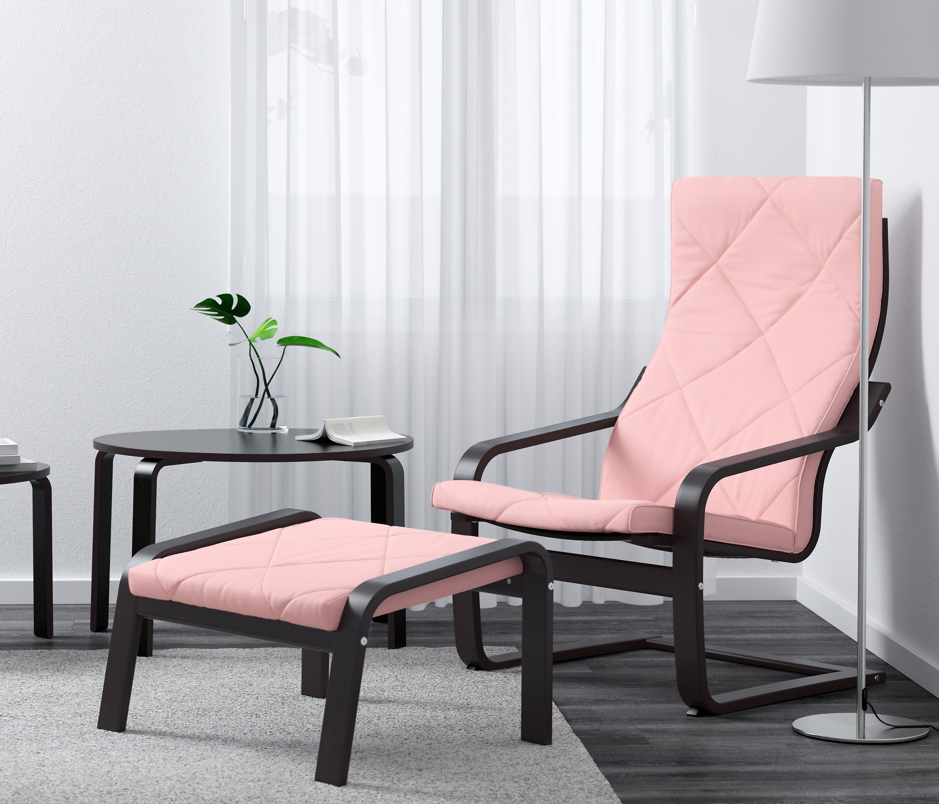 Fauteuil rose avec pouf