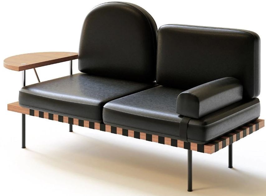 Canapé avec accoudoir en cuir et table